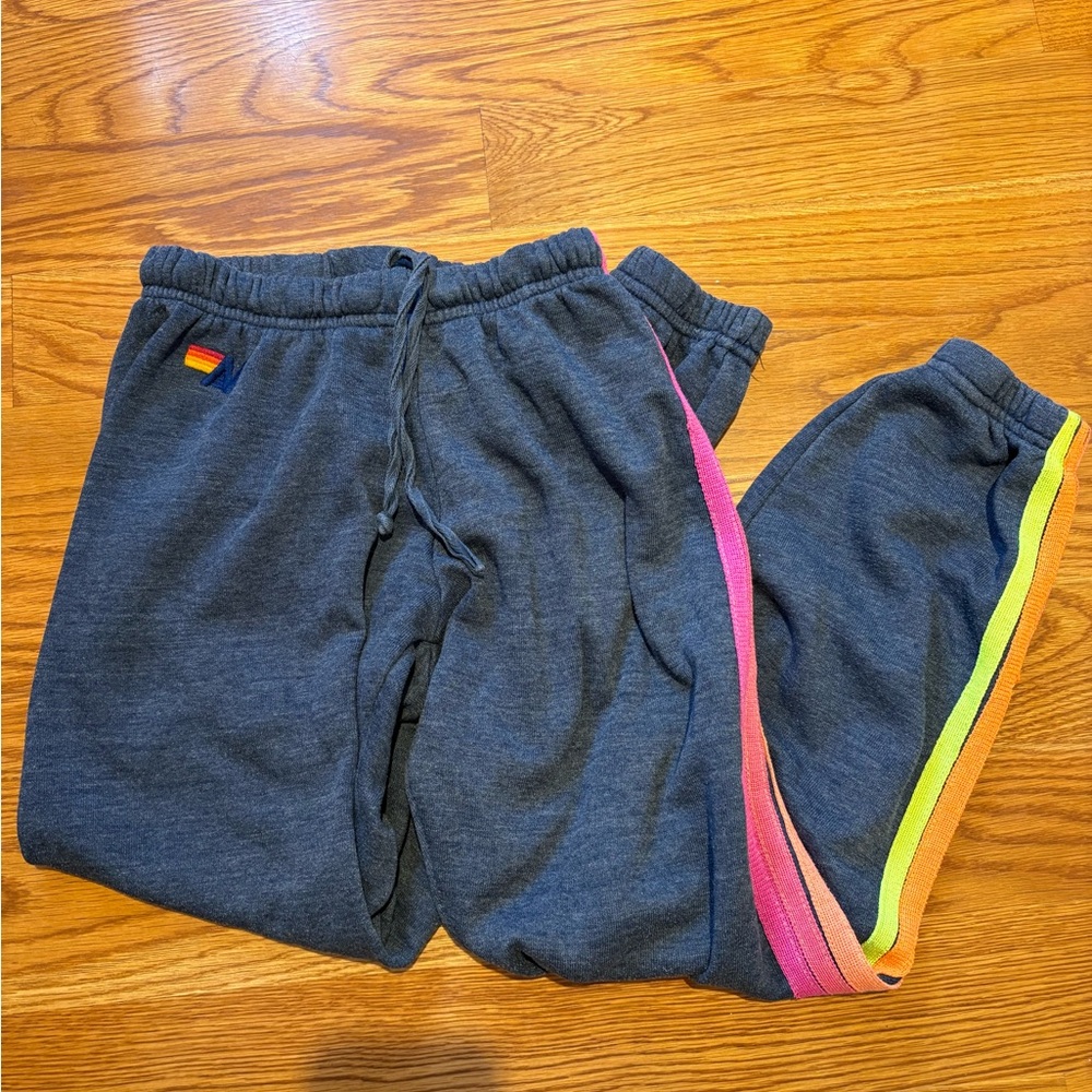 Aviator Nation Sweatpants - BRAND NEW - vivid rainbow stripes - charcoal